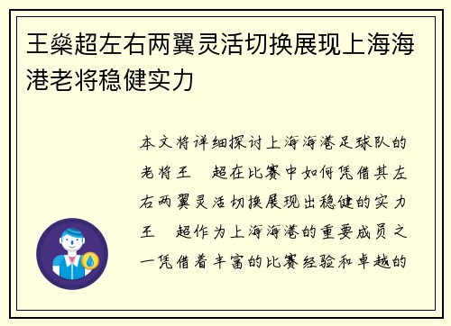 王燊超左右两翼灵活切换展现上海海港老将稳健实力